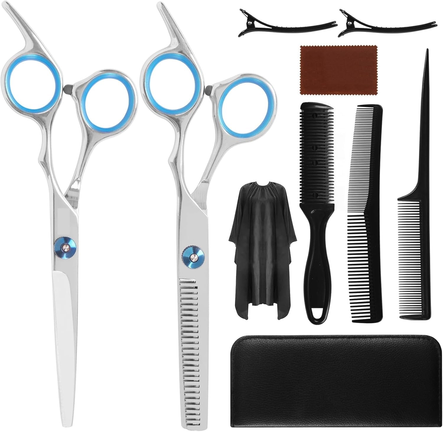 Wolblix 10-Piece Hair Cutting Scissors Kit - Professional Set with Thinning Scissors, Comb, Cape, Clips, Leather Bag for Barber, Salon, Home-picture-10