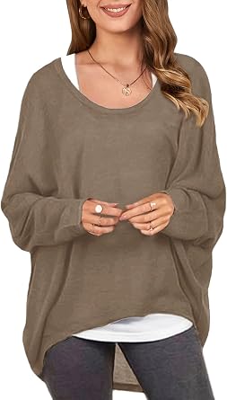 ZANZEA Womens Off The Shoulder Batwing Tops Casual Loose Oversized Tshirts Long Sleeve Fall Pullover Sweater Tops