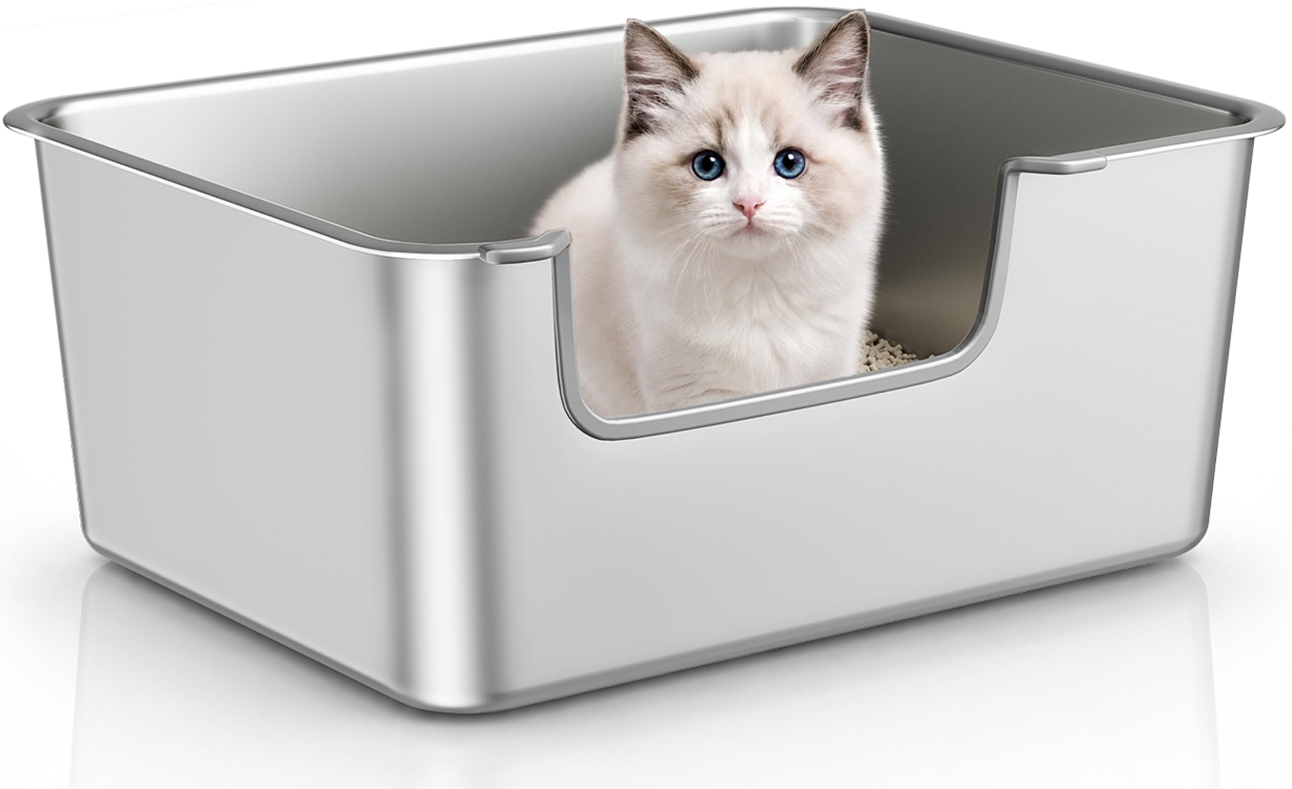 Stainless Steel Cat Litter Tray, High-Sided Metal Cat Litter Box
