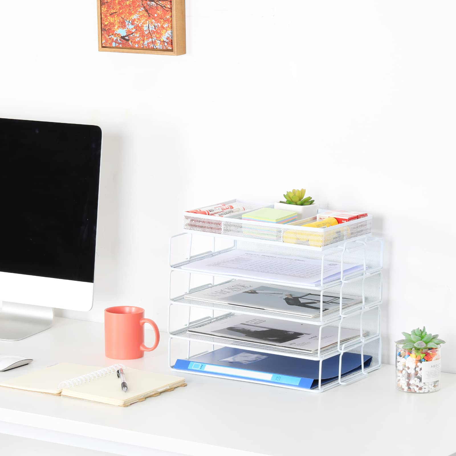 EasyPAG Portadocumenti da Scrivania A4 5 Compartimenti Metallo Rete,Organizzatore da Ufficio,Vassoio per Lettere,Organizer Scrivania,Ripiano Portacorrispondenza per Casa & Scuola,Bianco