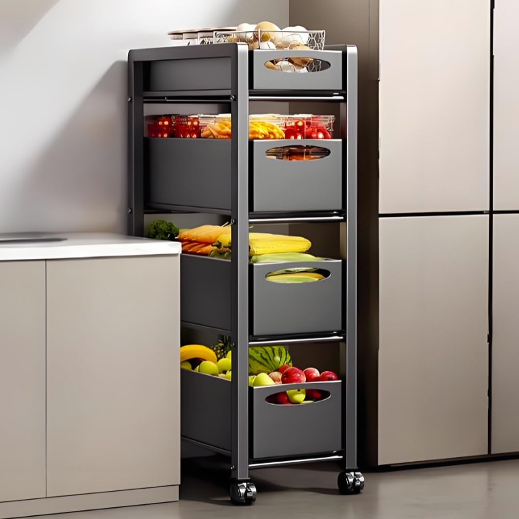 YVYKFZD Fruit Basket Kitchen Cart, Metal Slim Storage Cart, Rolling Utility Carts with Drawer and Wheels, Narrow Storage Cabinet, Space Saving Bathroom Organizer(Black,4 Tier 7.8"x15.3"x41.3")