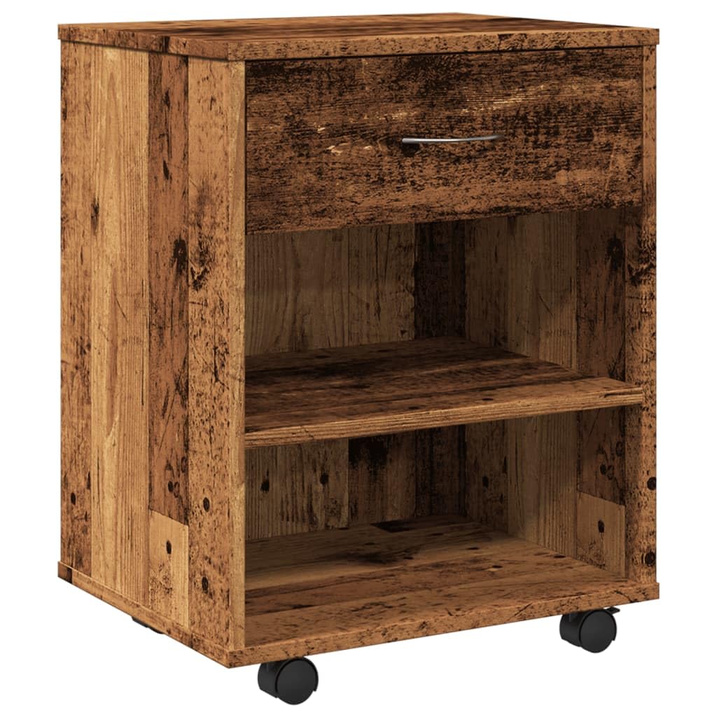 Rollcontainer Altholz-Optik 46x36x59 cm Mobiler Rollschrank mit Schublade und offenen Fächern Aktenschrank aus Holzwerkstoff für Büro Home Office und Wohnzimmer