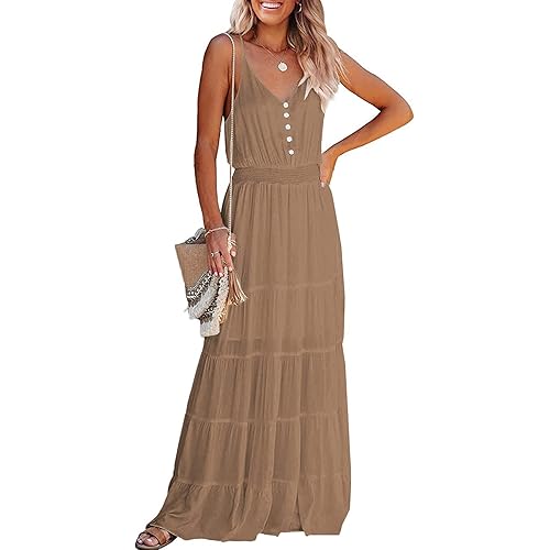 PRETTYGARDEN Women's Casual Summer Dress Spaghetti Strap Sleeveless High Waist Beach Long Maxi Sun Dresses