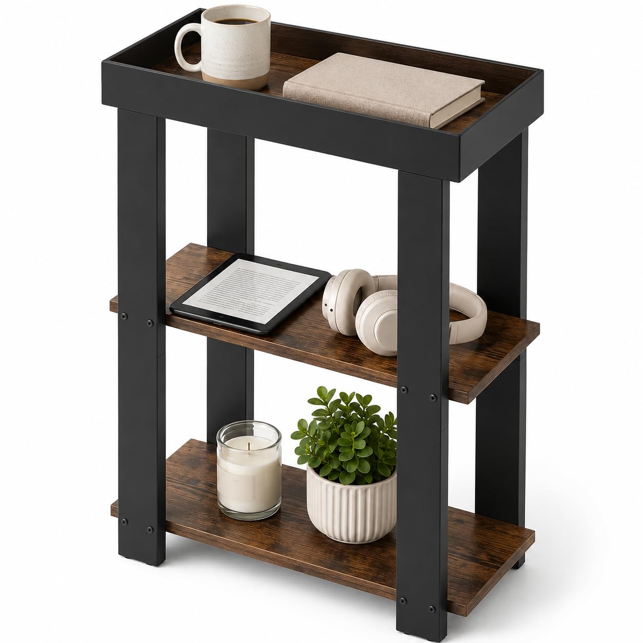 ZEXVIDA 3-Tier Narrow Side Table with Tray Top,Slim Side Table,Rustic Brown