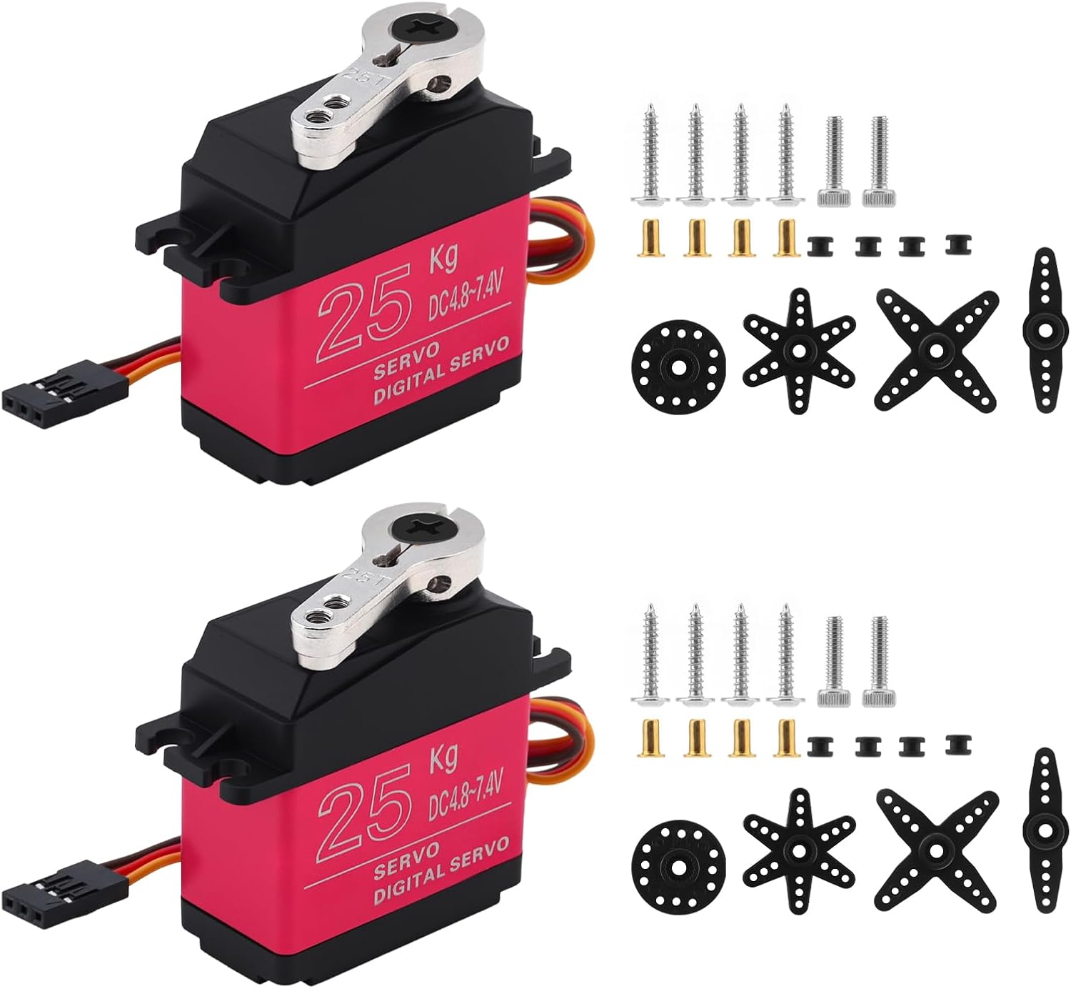 2 Pack 25KG High Torque Digital Servo Full Metal Gear with 25T Servo Horn for 1/8, 1/10, 1/12 RC Car Robot Control Angle 180° (25KG Control Angle 180°)