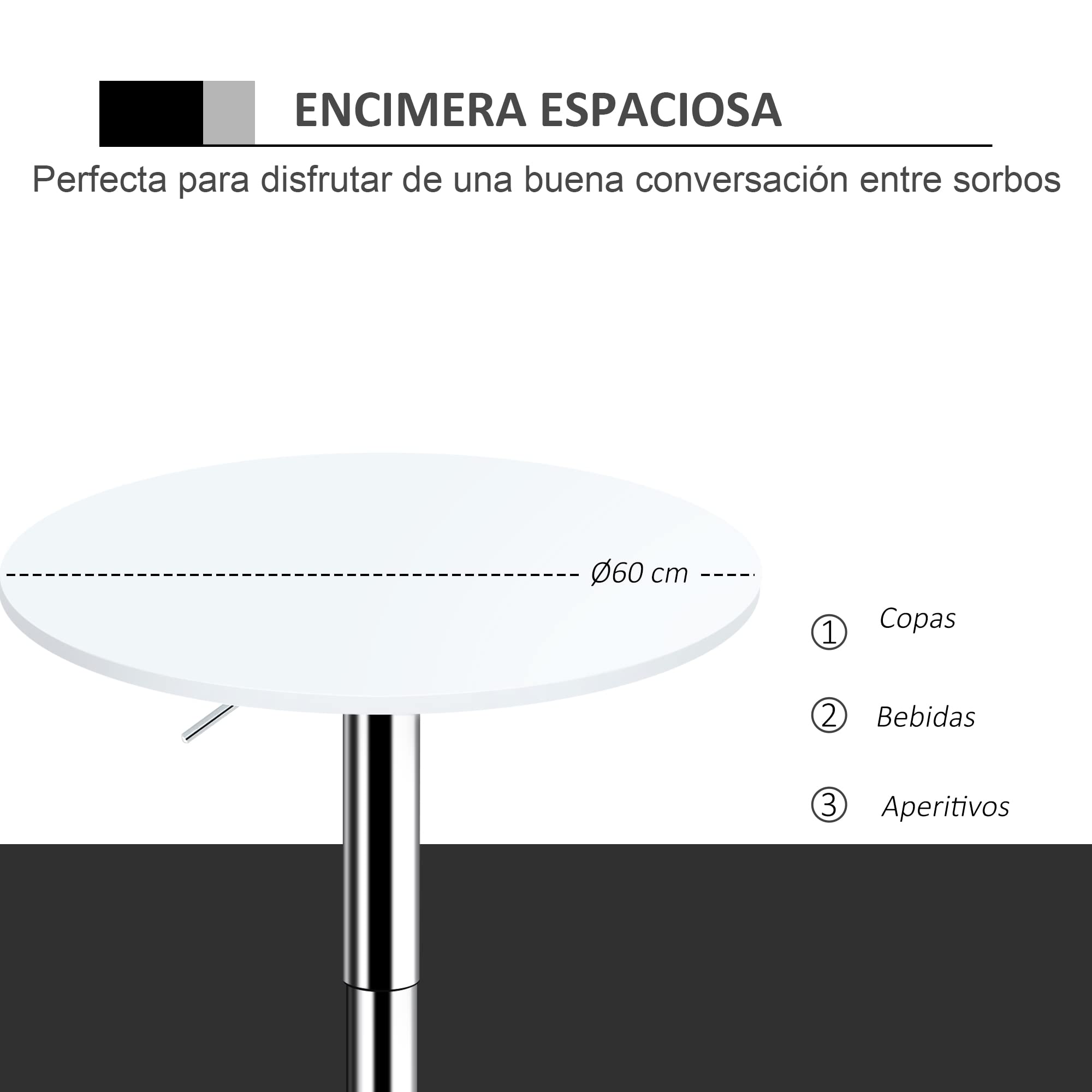 HOMCOM Mesa de Bar Regulable en Altura con Base Redonda y Antideslizante para Cocina Comedor Ø60x69-93 cm Blanco