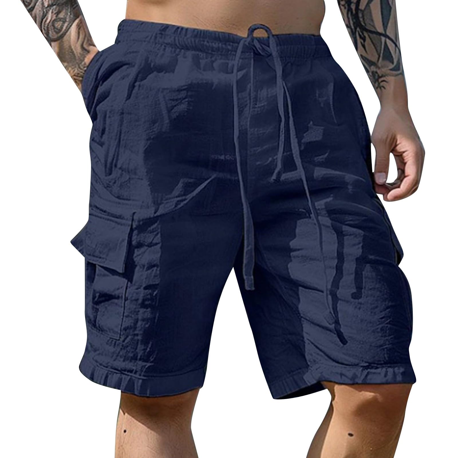 Men's Summer Loose Casual Linen Shorts Knee Length Shorts Men Drawstring Elasticated Waist-Casual Trousers with Pockets Workout Lounge Pants Mens for Work Travel Golf Cargo Trousers Navy