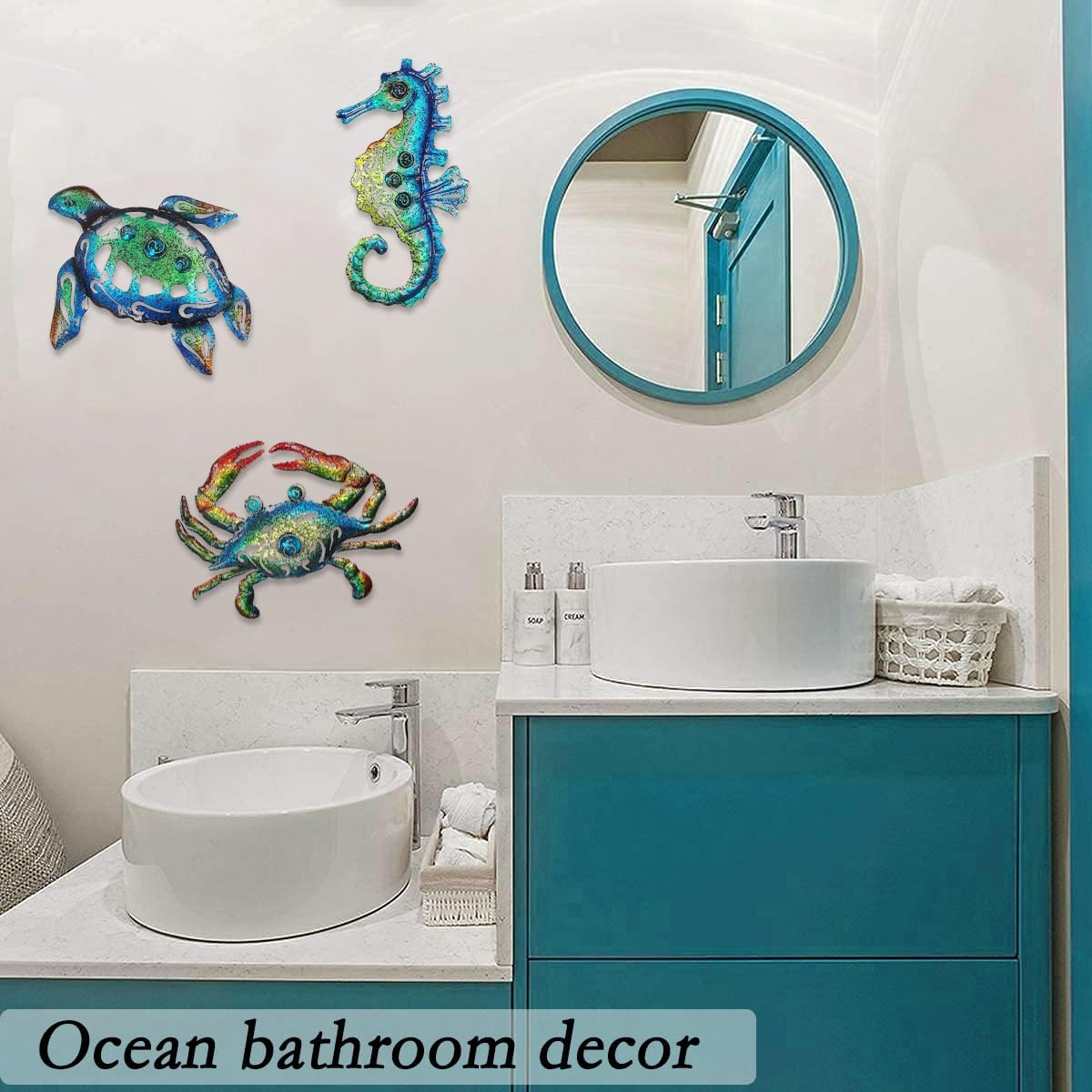 Weibefee Metal Sea Turtle Seahorse Crab Beach Themed Bathroom Wall Art Mother's Day Decor, Ocean Themed Wall Mother's Day Decorations Gift for Home Bathroom,10 Inch, Set of 3…