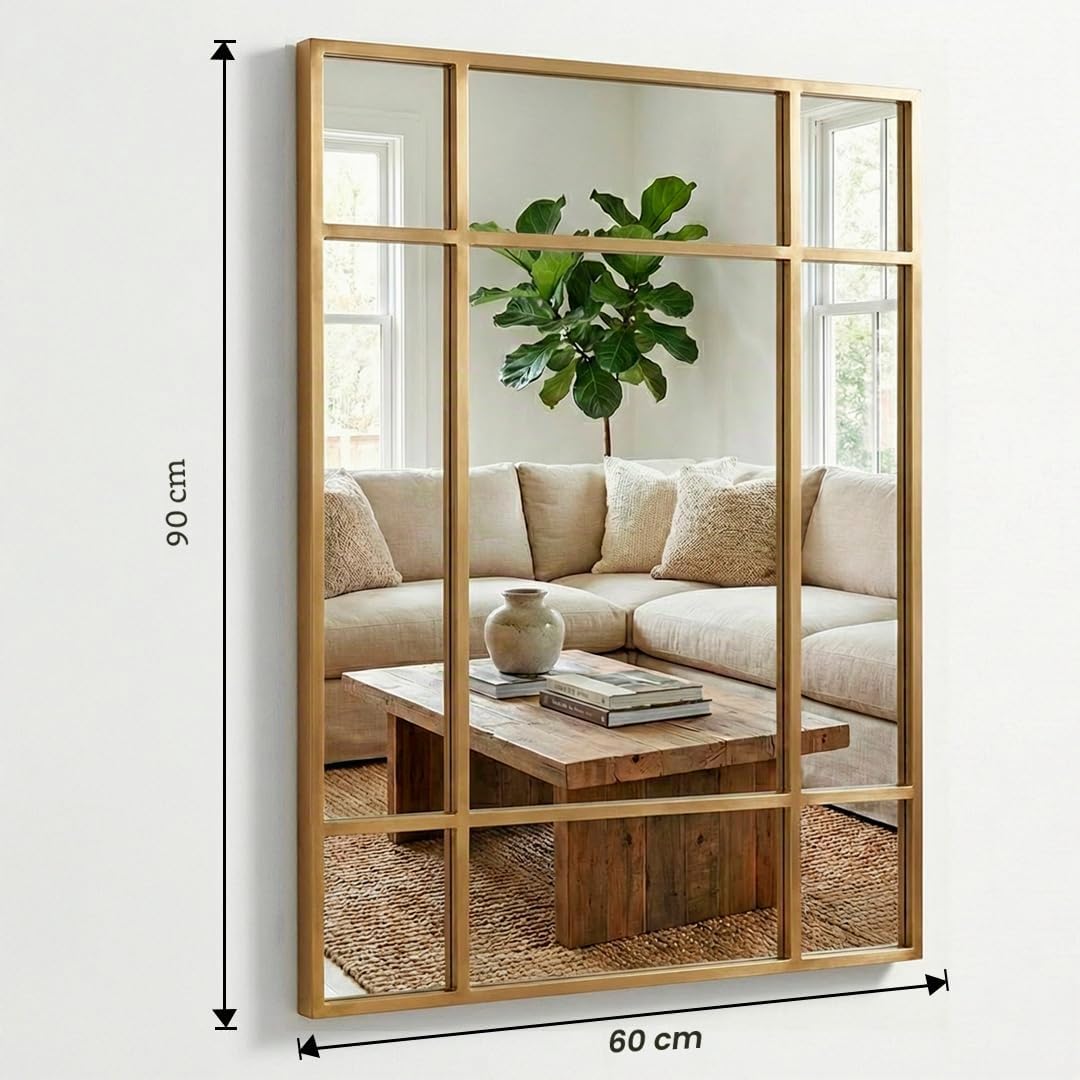 Marctani Specchio da parete per finestra, 90 x 60 cm, specchio industriale decorativo con cornice in metallo, design rettangolare effetto finestra per ingresso, ingresso e soggiorno