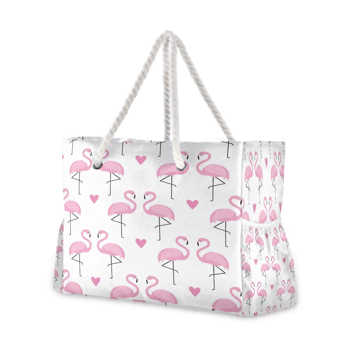 Mnsruu Tropical Flamingo Bird Heart Tote Bag Beach Large Bag Rope Handles for Shopping Groceries Travel Outdoors