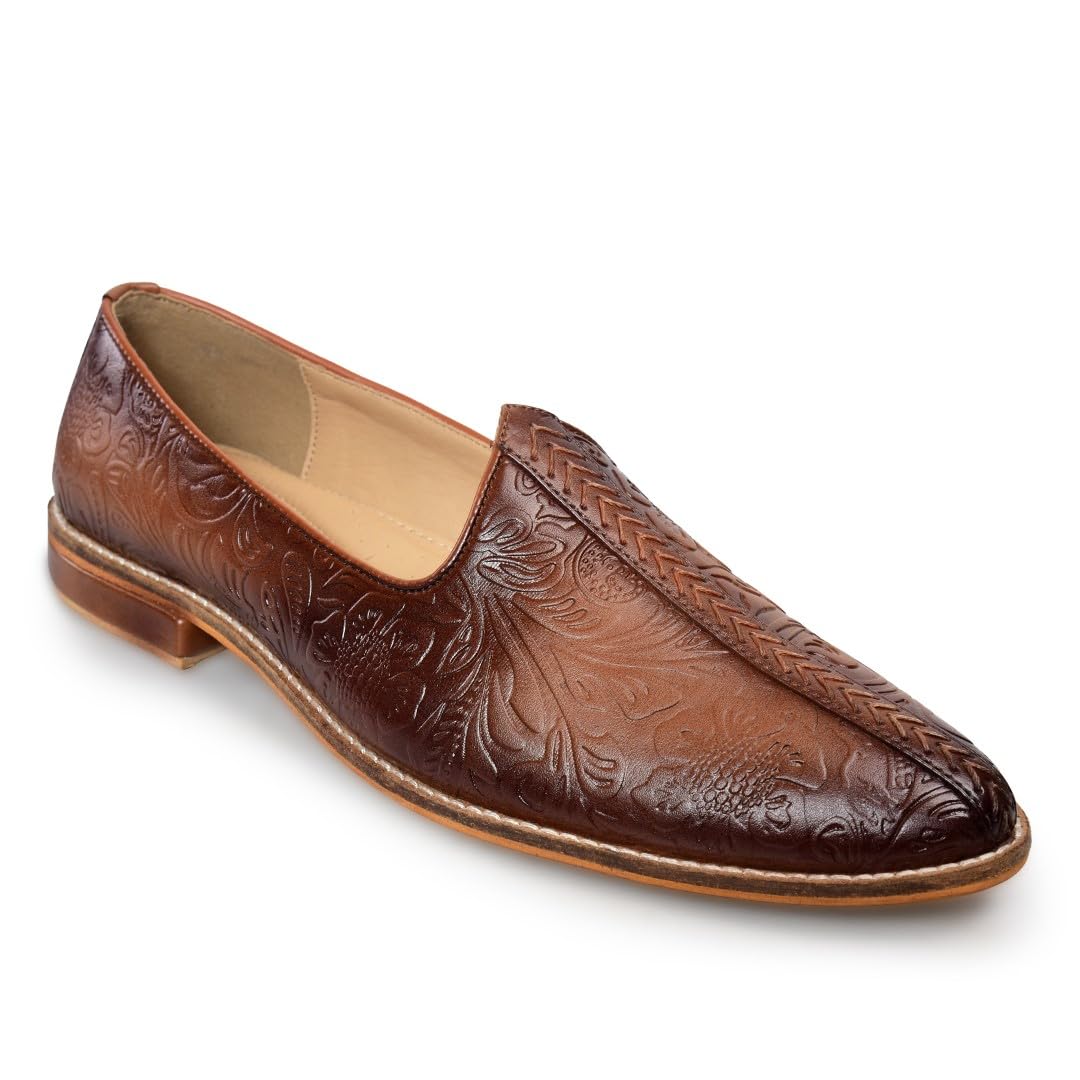 tanny shoes Men's Brown Embossed Leather Slip-On Loafers, Floral Pattern, Ethnic Style-picture-13