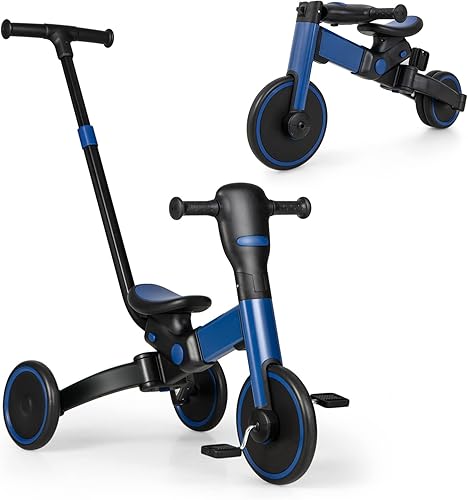 BABY JOY Triciclo 4 en 1 para niños pequeños, triciclo plegable para niños y niñas con mango ajustable de dirección para padres, pedales extraíbles,