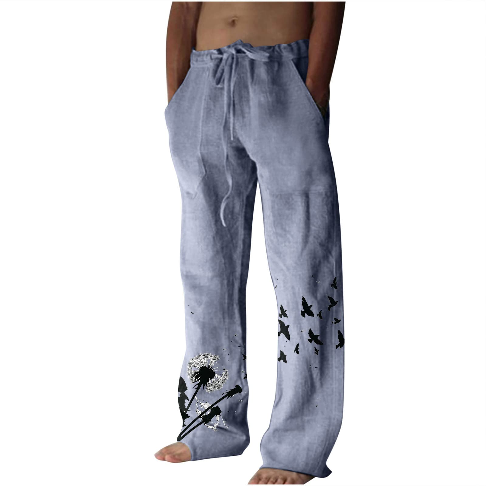 Men's Ethnic Style Printed Sweatpants Linen Vintage Elastic Waist Lace up Casual Pants Loose Fit Hippie Boho Trousers