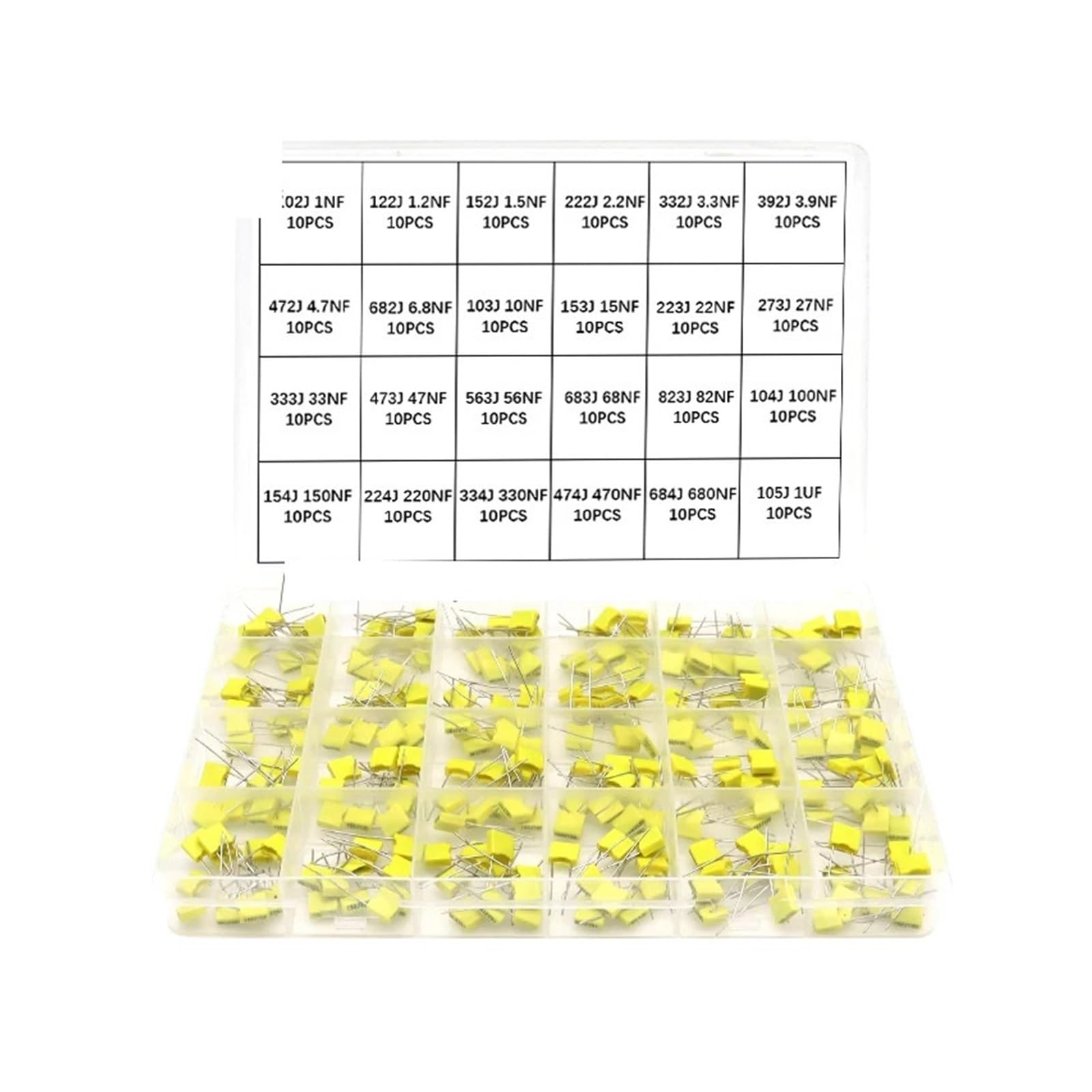 ICXLPMC 240Pcs Correction Capacitor Assorted Kit 24Values x 10Pcs 100V 102J-105J Polypropylene Film Capacitors Set