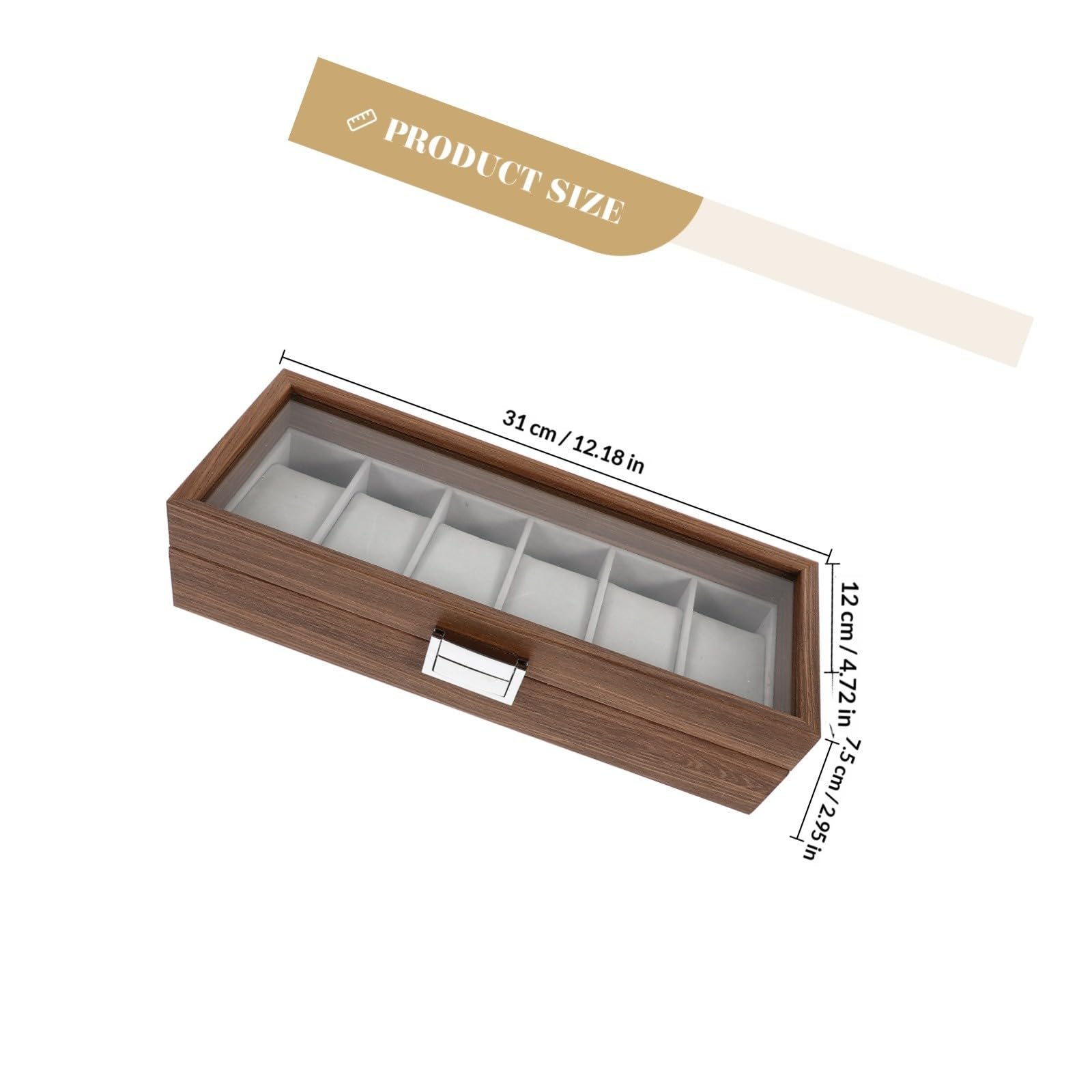 Caja de Exhibición para Relojes de 6 Ranuras en Madera | Tapa Transparente, Acabado Veteado Tipo Nogal, para Hogar o Joyería, Organiza y Protege Piezas