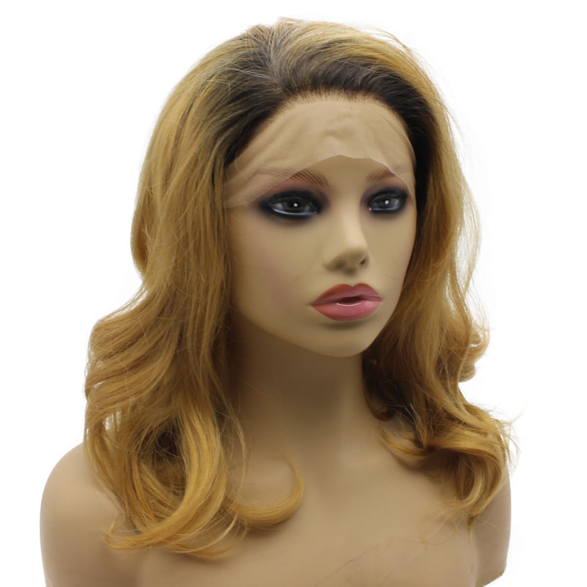 iwonawig Shoulder Length Wavy Curl Dark Roots Gold Blonde Ombre Tone Synthetic Lace Front Wig Heat Friendly Fiber
