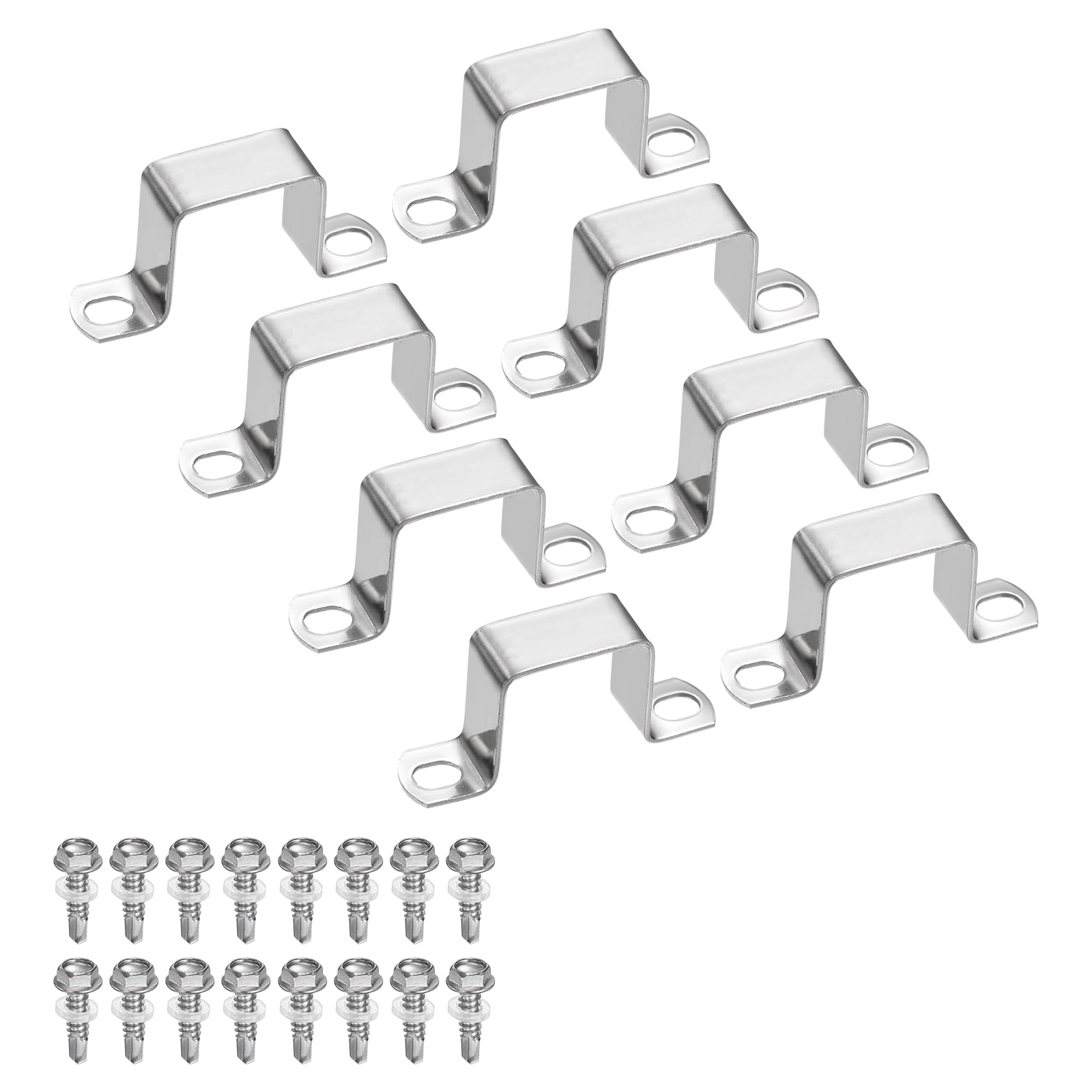 sourcing map 8set U Shaped Connector Bracket 30x30mm 304 Stainless Steel Square Pipe Clamp with Self Tapping Screw Square Tube Buckle for Pipe Hose Cable Automotive Parts, Silver