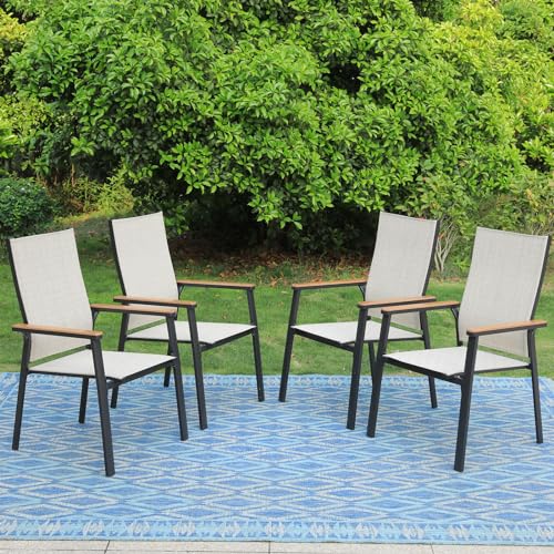 Image of PHI VILLA Outdoor Stackable Dining Chairs Set of 4 w /Aluminum Frame, Beige | Breathable & quick-drying Textilene, Space-saving, Light-weight, Weather-resistant, Patio lawn deck