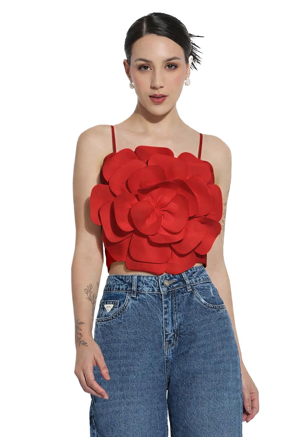 SHOWOFFFF Edition Women's Red 3D Flower Crop Top-CHN-9969_Red_XS