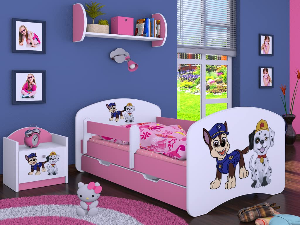 BDW Cama Infantil Super Dog - Cuna con colchón y cajón - cómoda y Duradera Cama anticaídas - habitación Infantil - Rosa (Motivo 1) - 140x70