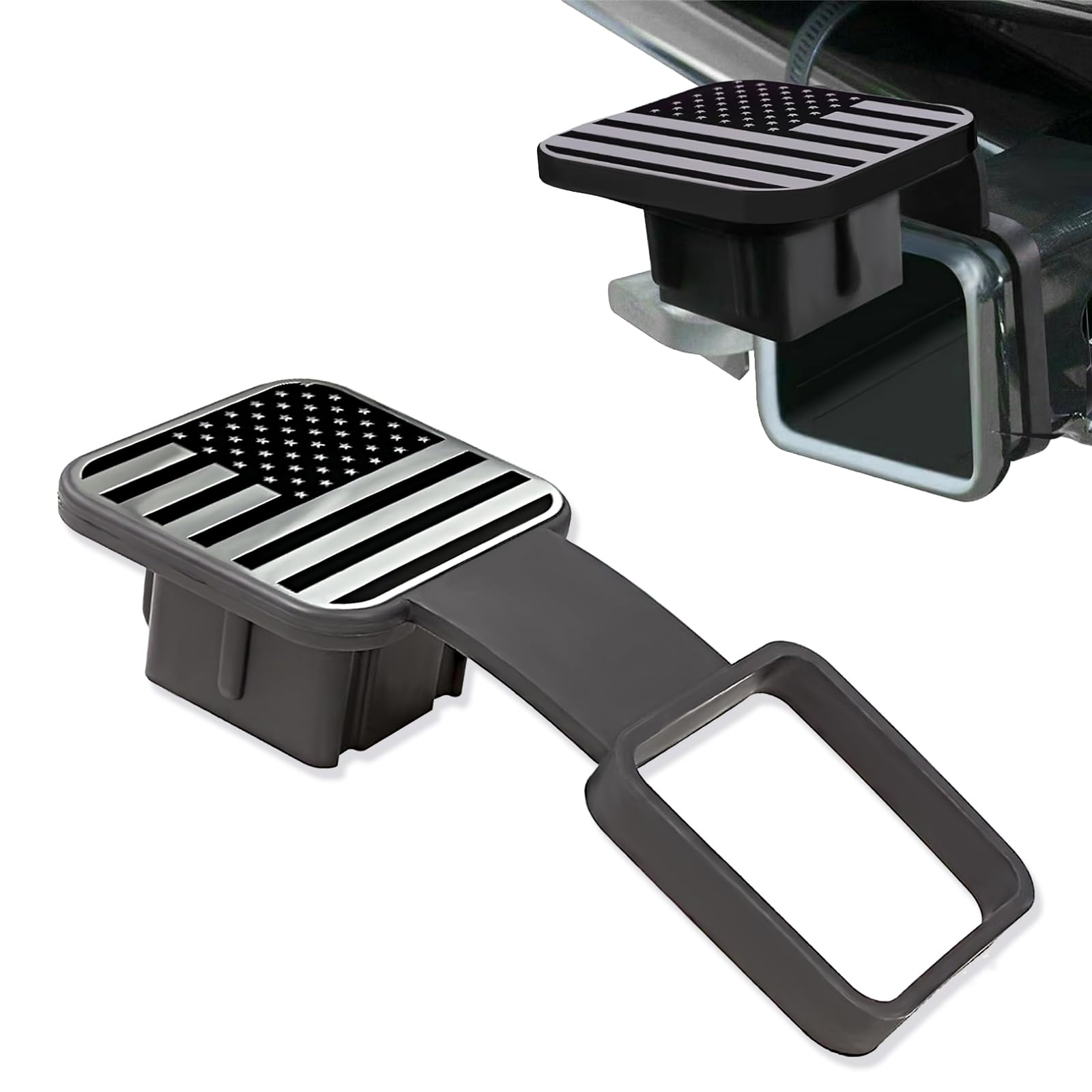 1 PC Car Trailer Hitch Cover, 7.5" x 3.1" American Flag Printed Tow Hitch Dust Plug Protective Cover, 2" Square Receiver Tube Patriotic Fitting, Compatible with Most Cars, Trailers (Silver)