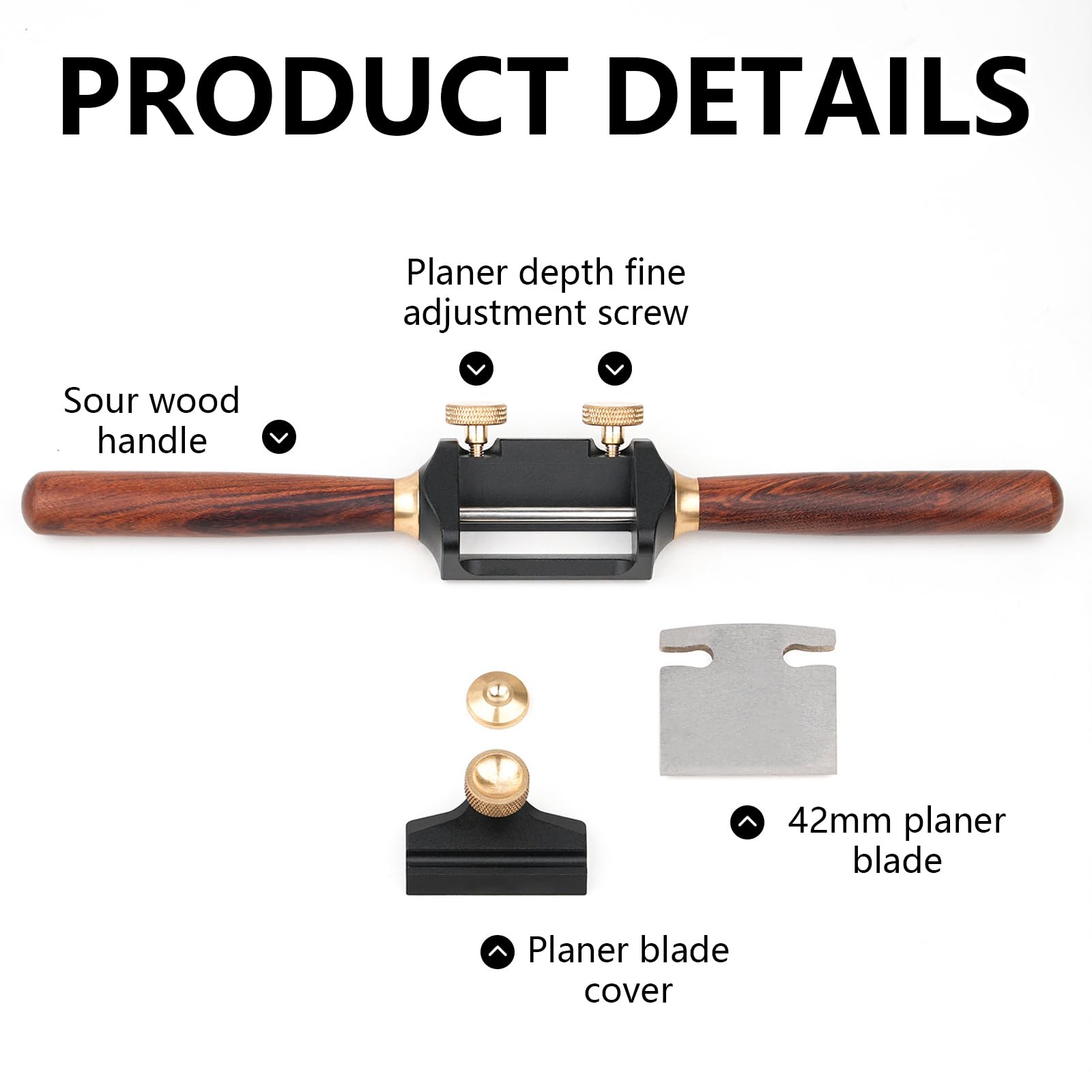 Pialla a Mano, Pialla da Taglio per Legno Strumento Manuale per Rifinitura Regolabile 210 mm Lmpugnatura in Palissandro Larghezza lama 42 mm Acciaio Inossidabile 440C