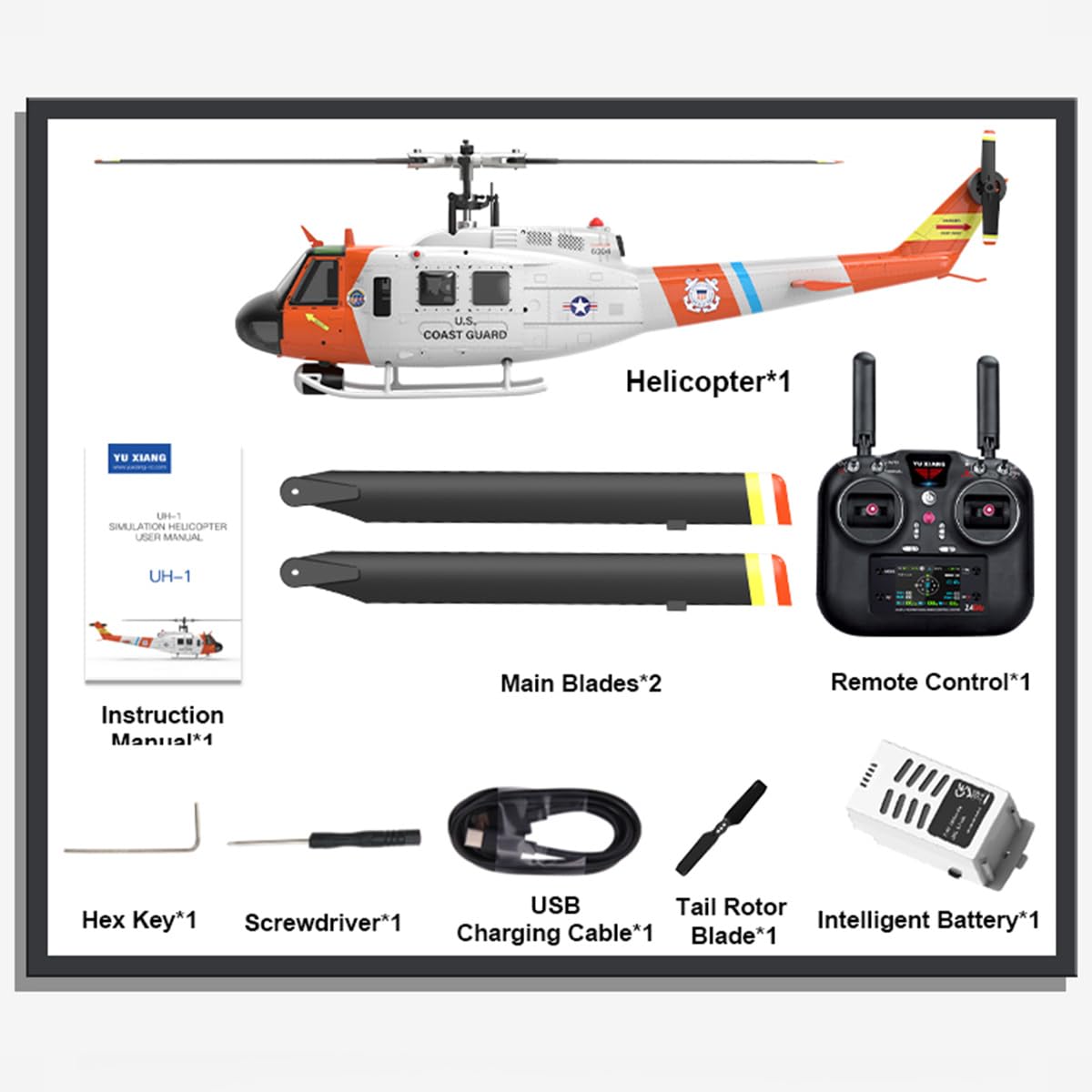 WOLFBUSH×YU Xiang F07S UH-1 Huey 1:34 RC-Hubschrauber, 2.4G 6CH Bürstenloser Direktantrieb, 6G Flybarless Hubschraubermodell mit GPS, Einstellbarer Gashebel für Links- Und Rechtshänder (RTF)