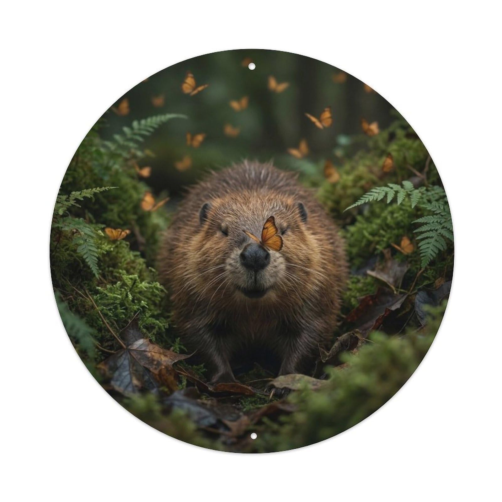 Beaver Cute Wildlife Amber Butterfly Forest River Dreamy Metal Tin Sign Plaque Wall Decor for Cafe, Man Cave, Club Bar, Office, Home Garden Round Metal Poster 8x8Inch