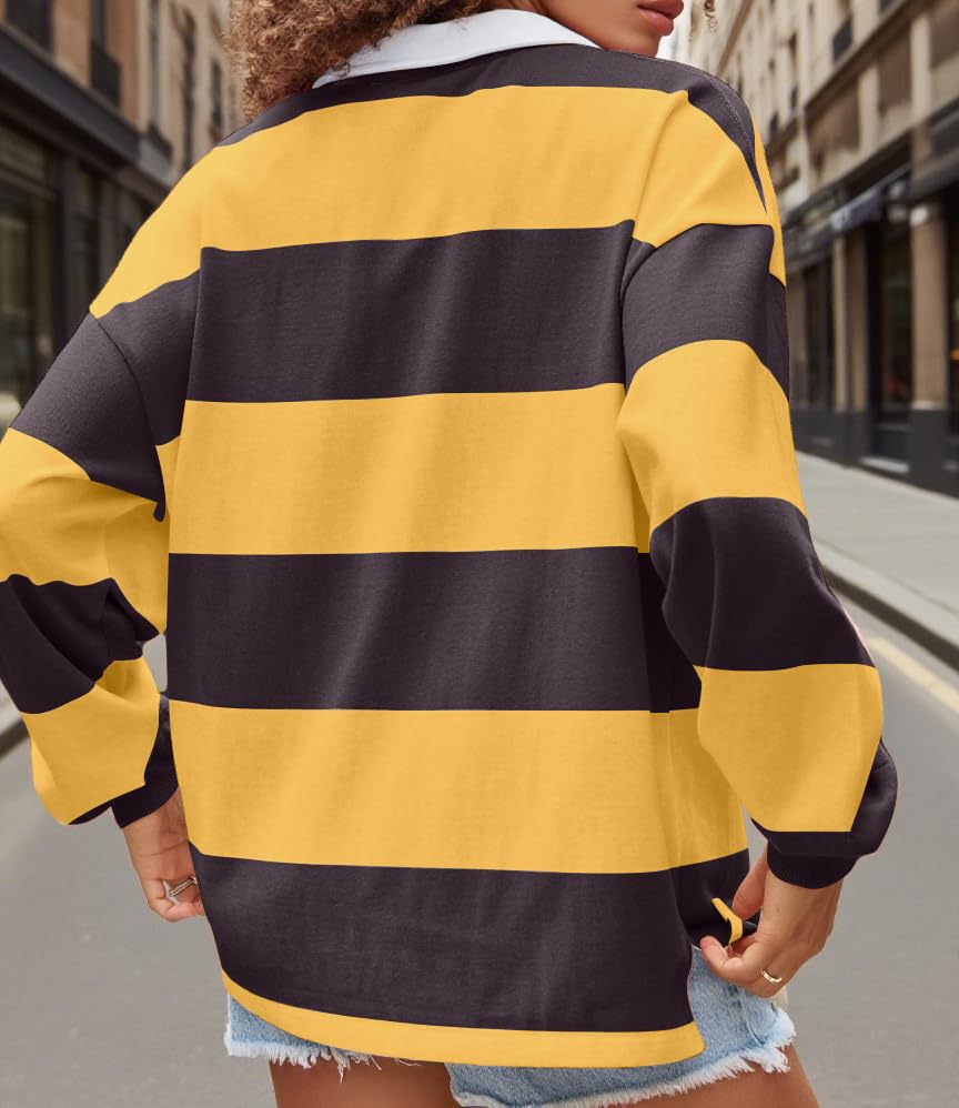 Y2k Women Striped Rugby Polo Shirt Long Sleeve Collared Oversized Vneck Sweatshirt Vintage Jersey Girls Streetwear2
