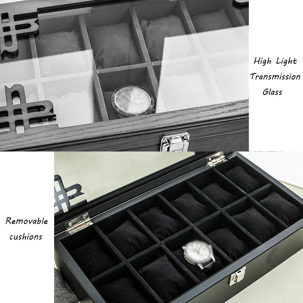 MUSUMI Caja de reloj de Madera con tapa de vidrio,caja de almacenamiento de joyería de lujo para 12 relojes,organizador de gemelos con almohada de almacenamiento extraíble y Hebilla de Metal
