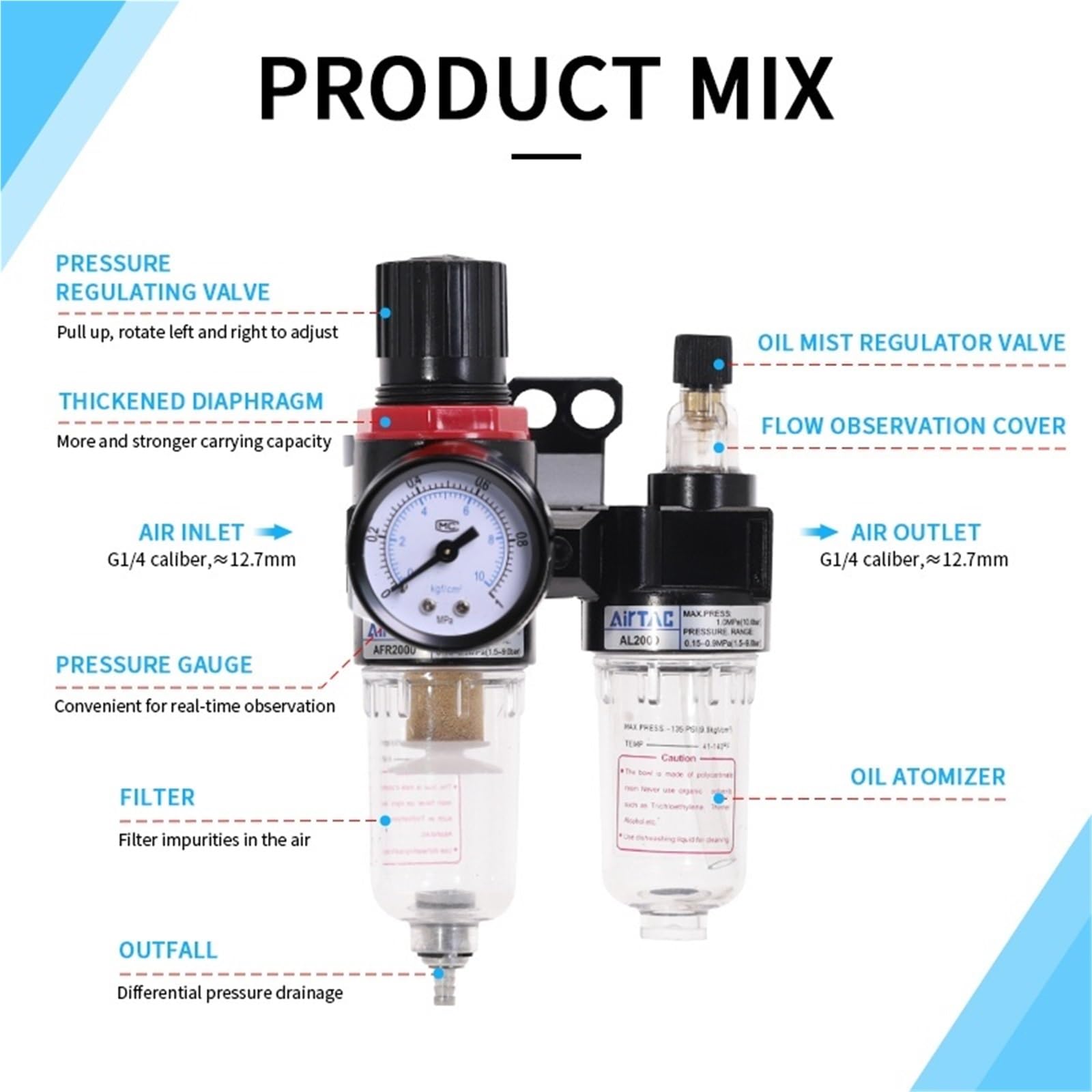 El filtro separador de agua y aceite del compresor de aire AFC2000 G1/4 se utiliza for reducir el regulador de la válvula de presión 1 Uds.(AFR2000-BT12 Fitting)