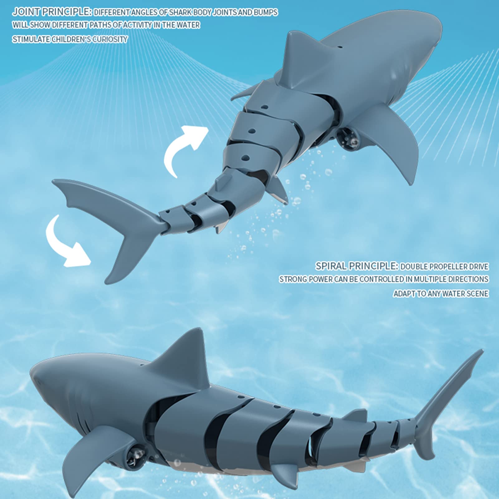 Juguete tiburón teledirigido 2.4G RC Simulación tiburón Juguetes de buceo Juguetes acuáticos teledirigidos recargables por USB Juguete flotante para niños (Azul)