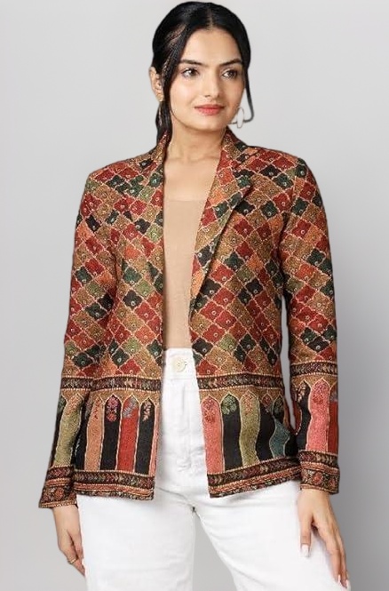 Fabcurate Ethnic Brown Blzaer for Women | Notched Collar with Full Sleeves Pashmina Jacket for Ladies | Fashionable Casual Wear