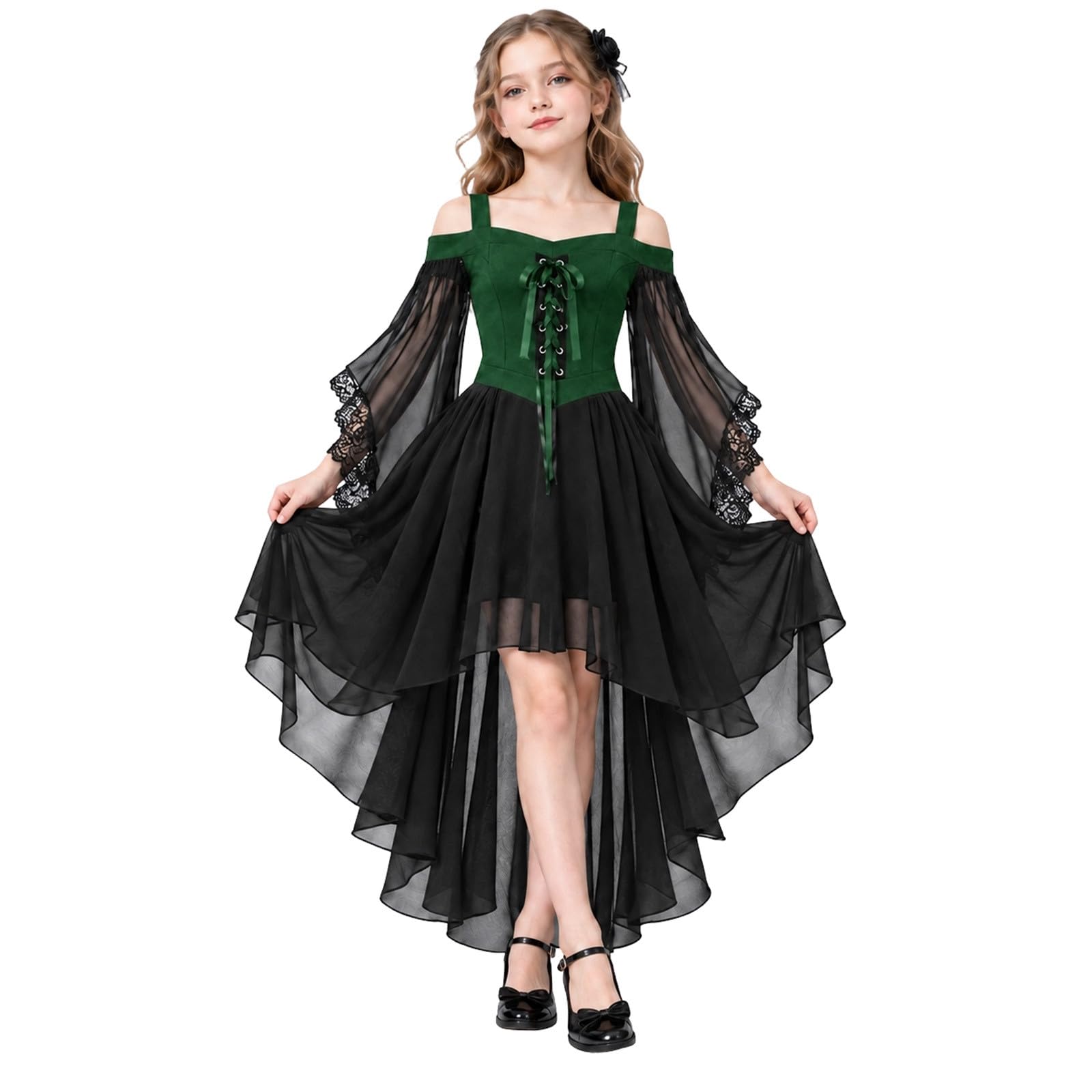 Girls Gothic Fancy Dress Costume Kids Halloween Witch Cosplay Outfit, Off Shoulder Lace Up Chiffon High LowSteampunk Dress with FlareSleeves for 7 8 9 10 11 12 13 Years (Dark Green, 8-9 Years)