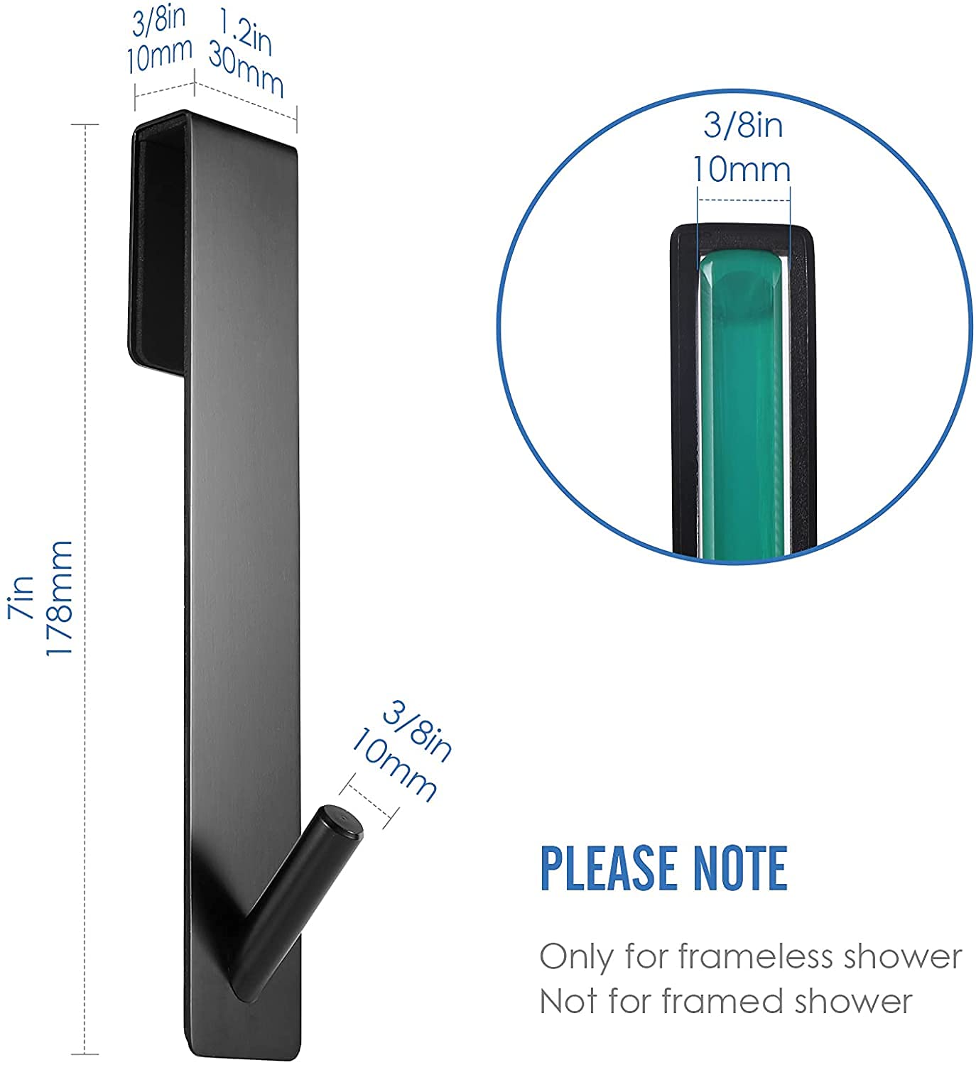 Extended Shower Door Hooks 2-Pack – Over-The-Door Towel Hooks For Frameless Glass Doors (7.16", Black) - View #3