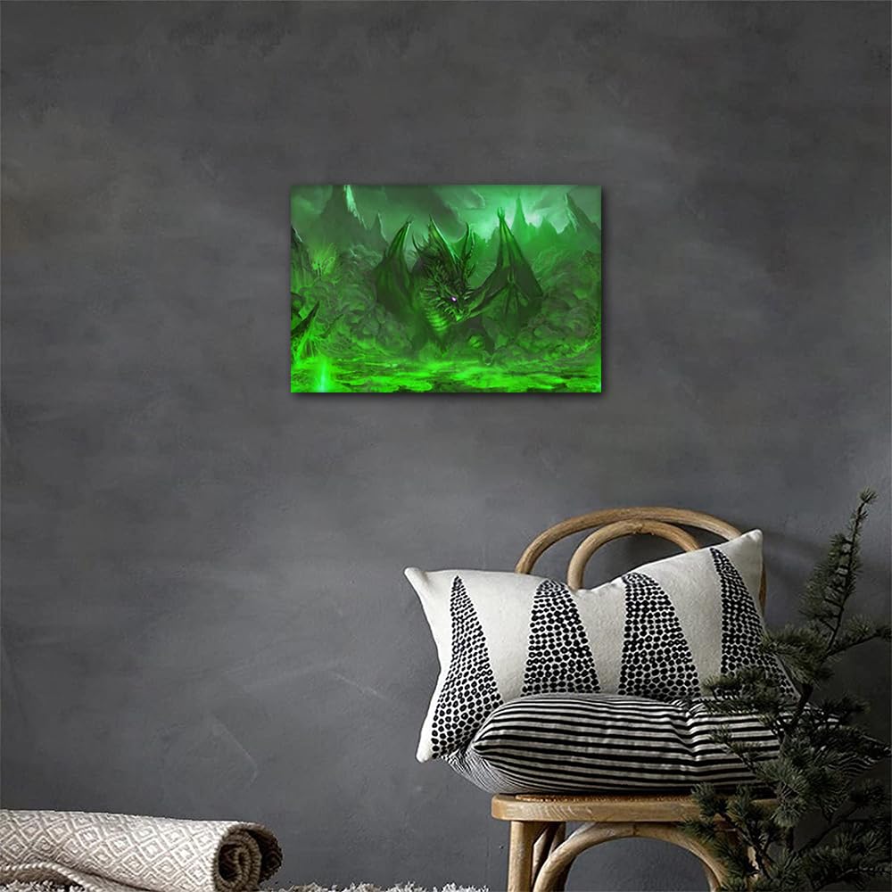 TISHIRON Dragon Art Paintings 1 Pcs Green Roaring Dragon Canvas Wall Art for Living Room Artwork Contemporary Home Decor Giclee Framed Ready to Hang Posters Prints 24x16in - Image 3