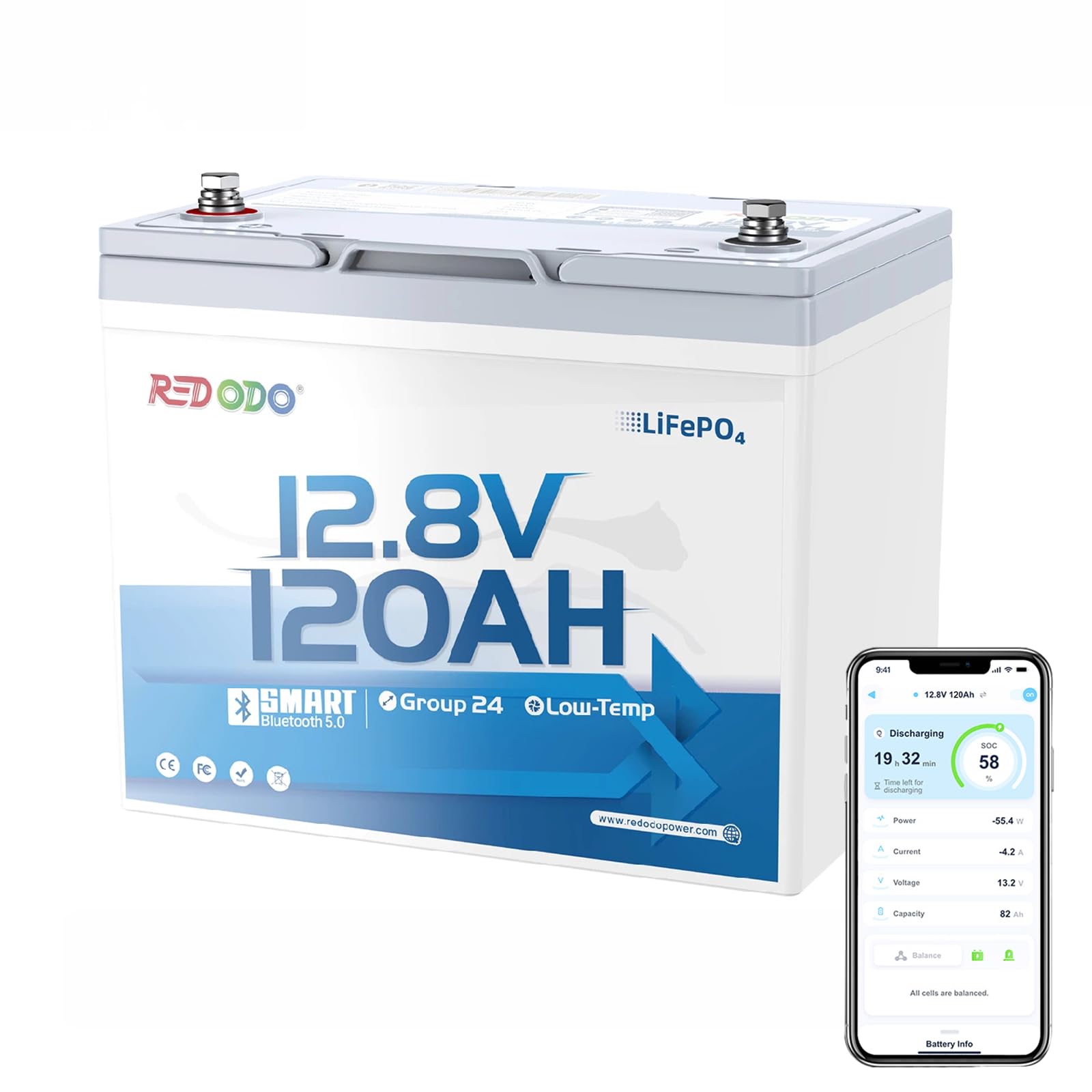 Redodo 12V 100Ah Group24 Batteria Litio con Bluetooth, Basse Temperature | Batteria LiFePO4 con BMS 120A, 1536W, IP65 Impermeabile, 4000 Cicli, 10 Anni di Vita per Trolling Motor(20~70lb)