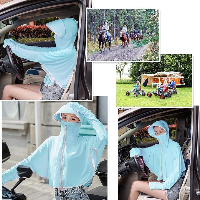 Dayish 1 Pack Womens Sunscreen Hoodie Jacket/Shirt - Advanced UV Protection from Sun & Pollution - UPF 50+ Protection Scarf with Long Sleeve & Face Mask - Outdoor Running (Blue) 1