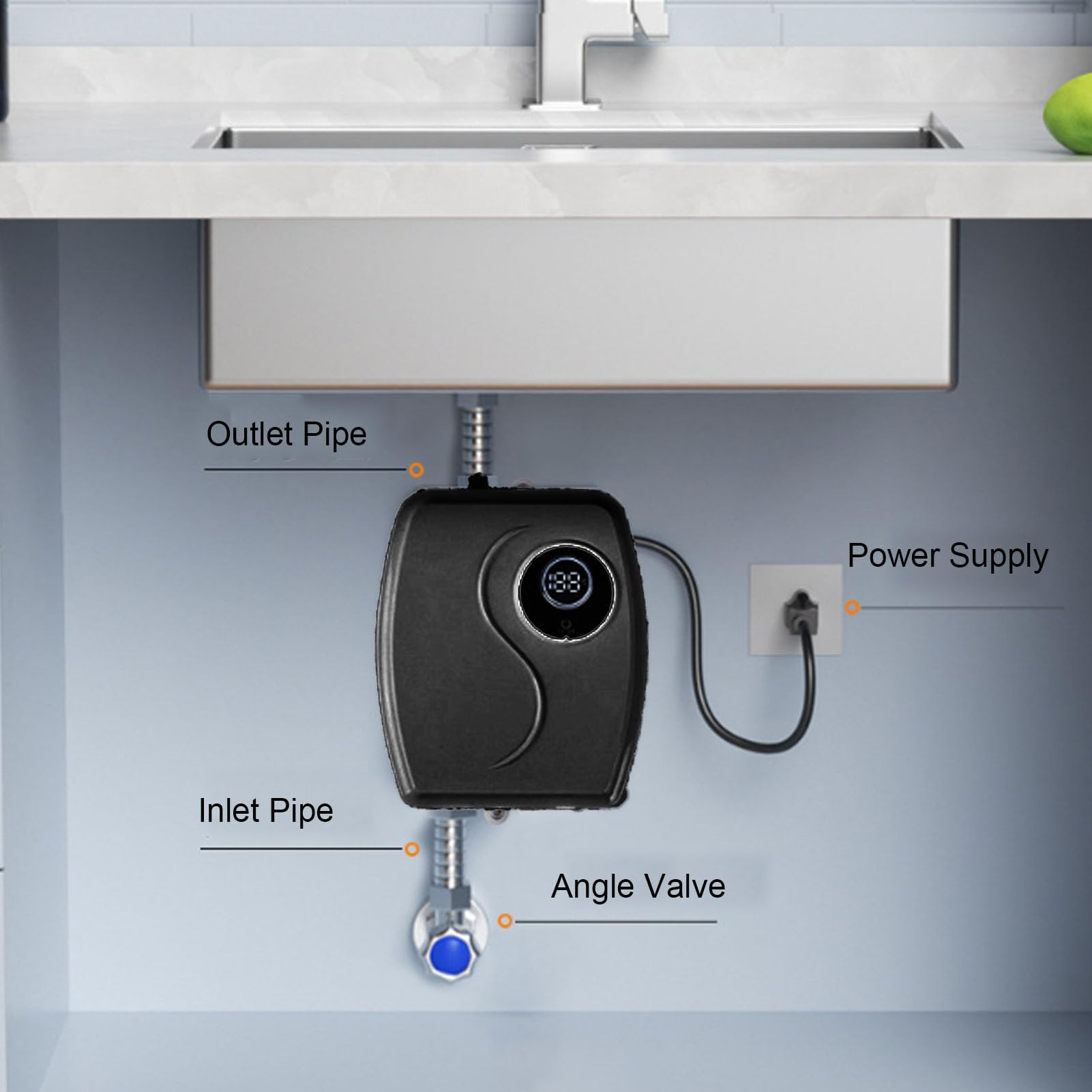 Fockety Mini -Warmwasserbereiter, 3000W Elektrischer Warmwasserbereiter Elektrischer Warmwasserbereiter mit Touchscreen und Messingeinlass für Küchenbadezimmer Wohnung RV (EU -Stecker 220 V)