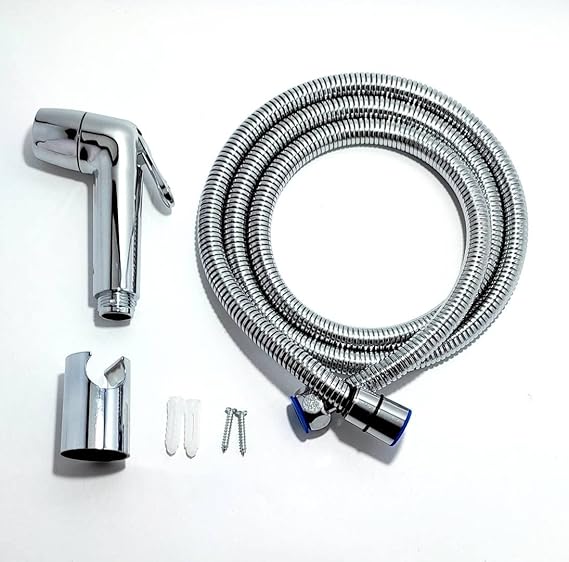 ibath Genuine (IB-HF-3) ABS Health Faucet, CHROME polish, with special brass fitting ( long lasting) + 1.25m expandable Stainless Steel, Flexible Hose Pipe 360 degrees revolving with brass nut and brass core fitted with inside EPDM tube + 1 Wall bracket Chrome Polished ABS Body + 1 screw set
