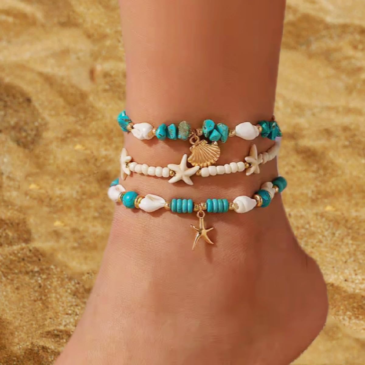 yfstyle 3Pcs Summer Beach Seashell Anklets for Women Starfish Shell Turquoise Beads Ankle Bracelets Adjustable Seashell Ocean Jewelry Gifts - Image 2