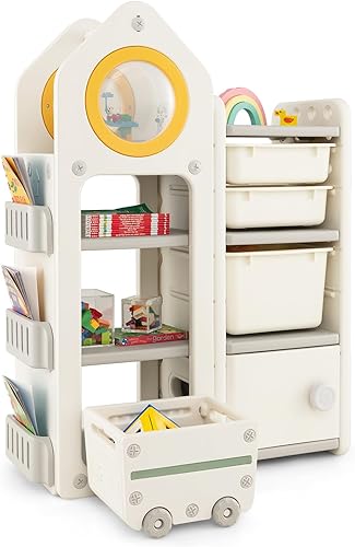 Miniatura 10 de Costzon Organizador de almacenamiento de juguetes para niños, estante multiuso Montessori para juguetes con cajones extraíbles, pizarra blanca