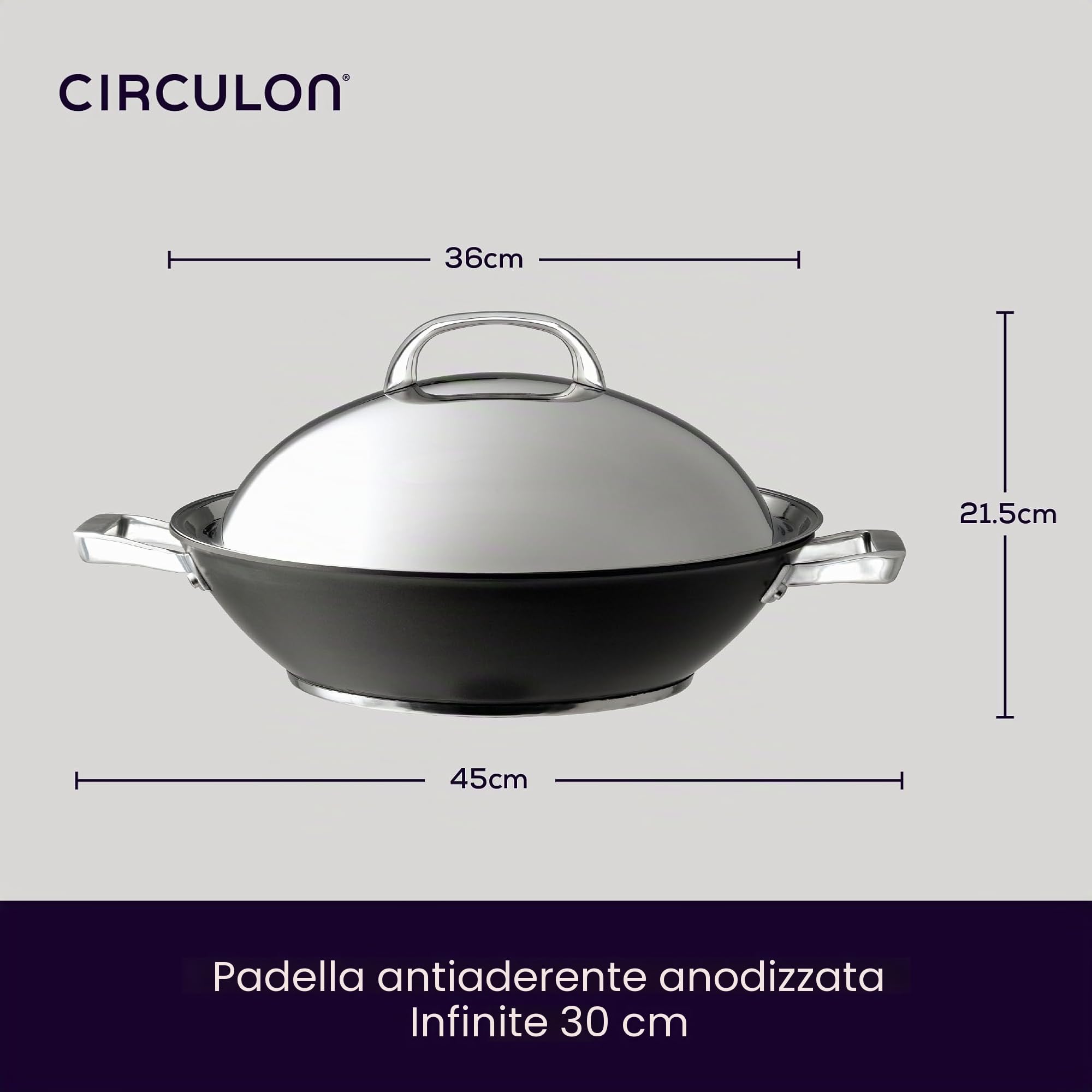 Circulon Infinite - Wok antiaderente a induzione con coperchio in acciaio inossidabile, 36 cm