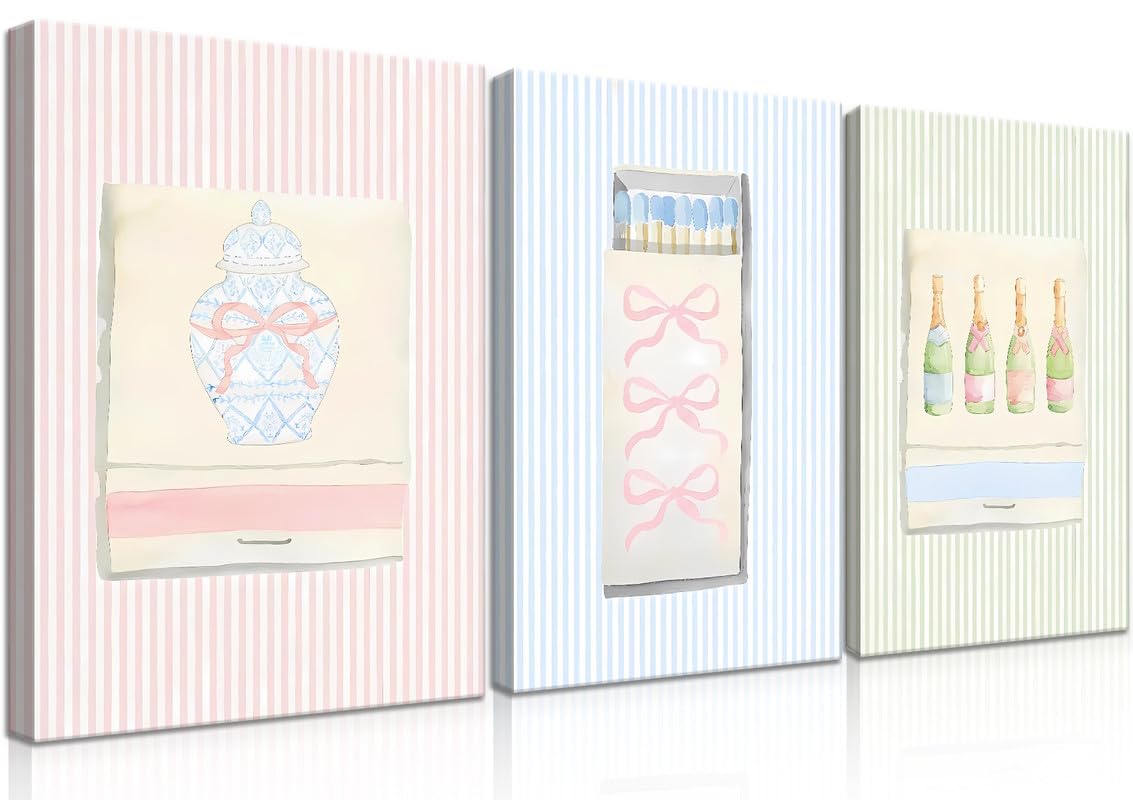GALWUJG Trendy Matchbook Wall Art Set of 3 colorful Aesthetic Poster Preppy Girly Room Decor Matchbox Canvas Print for Bar Cart Kitchen Dorm 12x16in Unframed