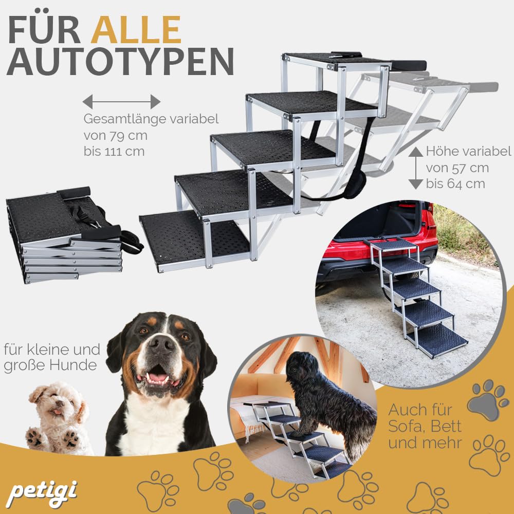 Petigi Auswahl Hunderampe für Auto, Aluminium, Hunde Rampe, Hundetreppe, SUV, rutschfest, Belastbarkeit 50 kg, 70 kg, 90 kg oder 150 kg