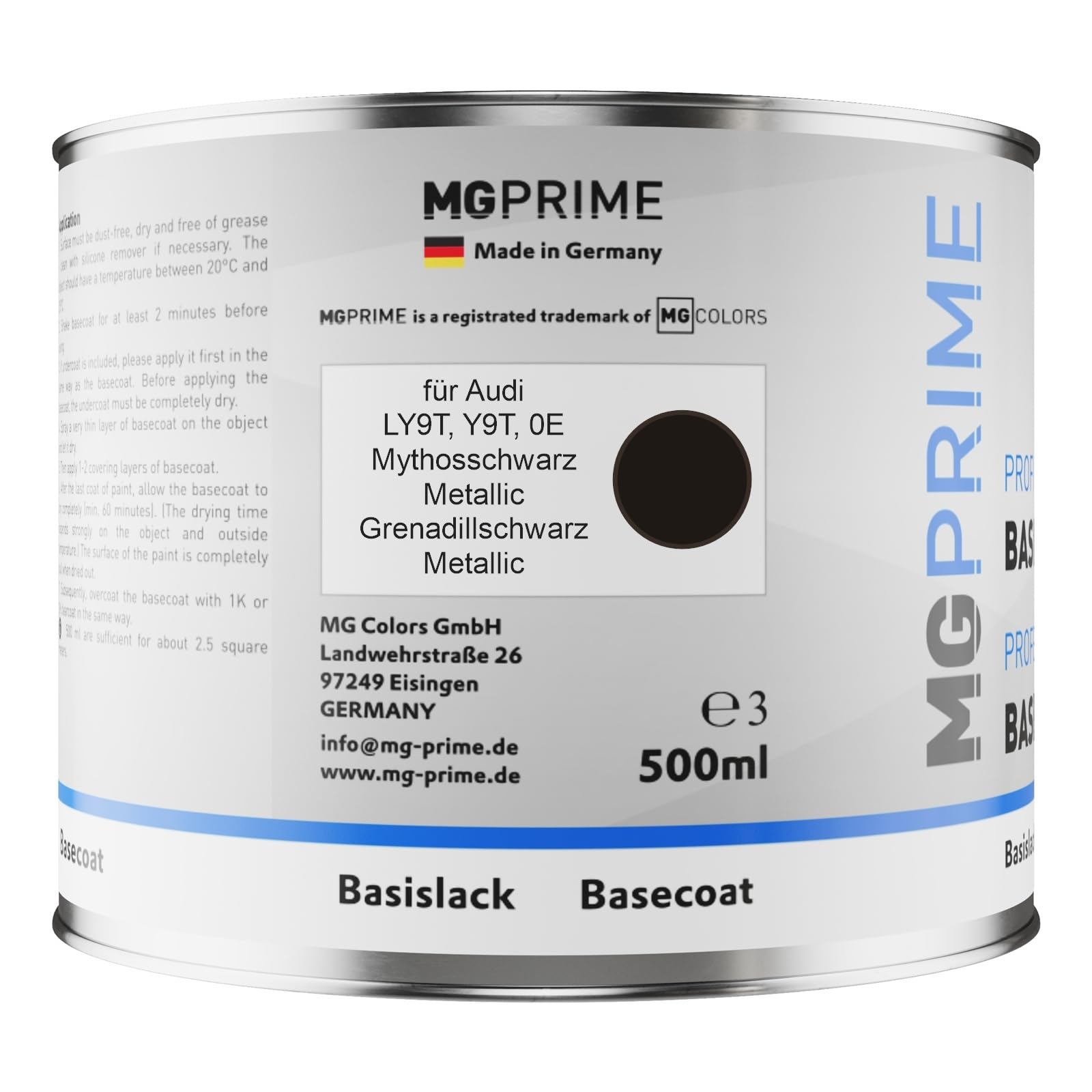MG PRIME Barattoli vernice per Audi LY9T / Y9T / 0E Mythosschwarz Me. 1,25L | Chromite Black / Mythosschwarz Metallic, Vernice per auto, Kit vernice di base + trasparente 2K + indurente, pronto all'uso