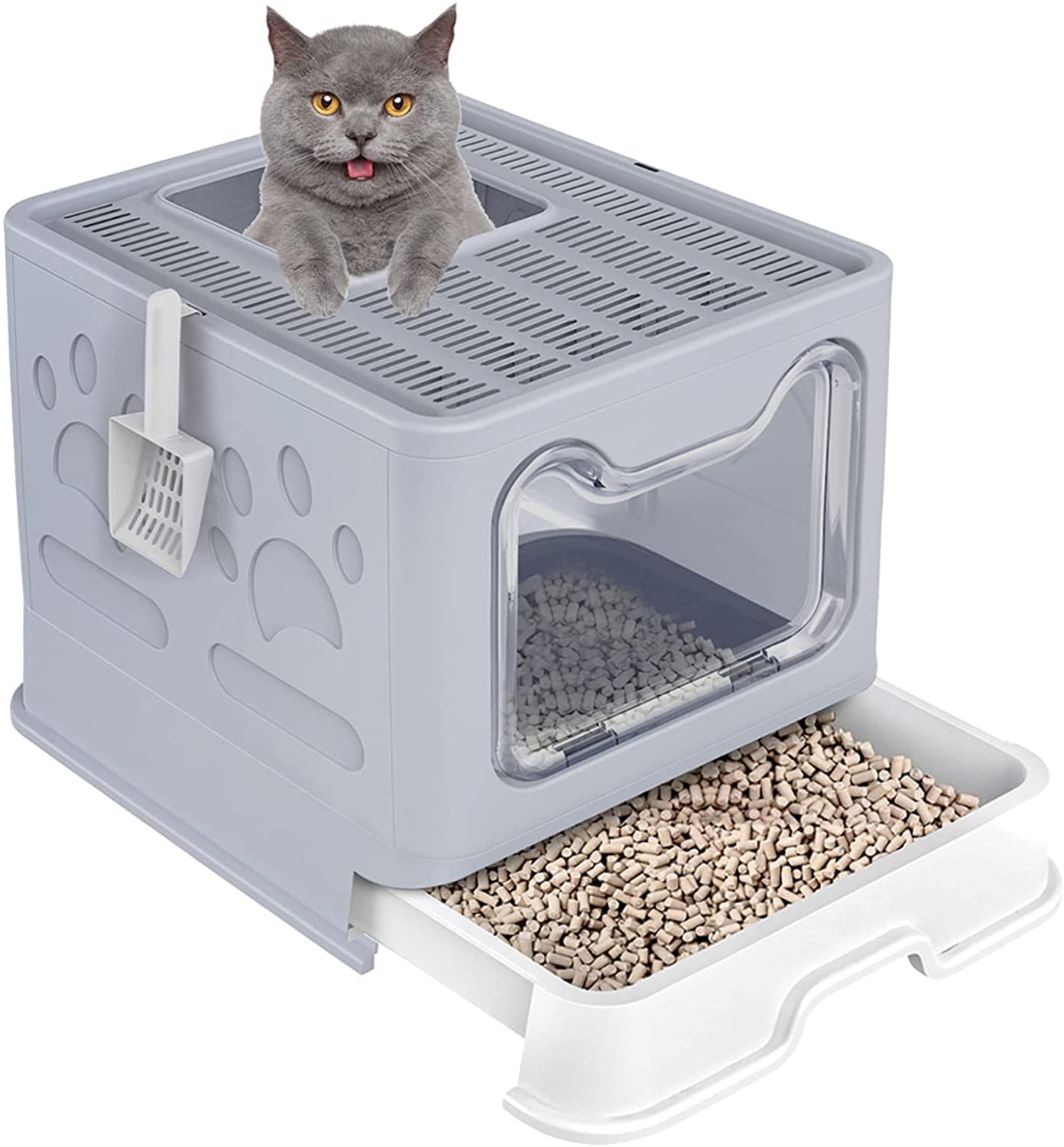 XIAOGOU Top Entry Cat Litter Box with Lid,Foldable Litter Box with Cat Plastic Scoop,Extra Large Space,Drawer Structure,Closed Smell Proof Anti-Splashing,Split Type for Easy Cleaning (grey)