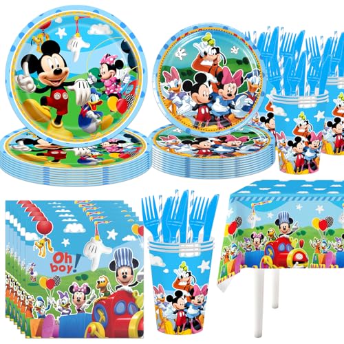 141Pcs Mickey birthday Party Supplies include 7plates 9 plates Tablecloth Forks Kinfes Spons napkins cups for the Mickey party decoration