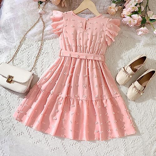 KAGAYD Little Girls Flutter Sleeve Dresses Summer Bow Tie Cotton Casual Skater Swing Twirling Sundress3