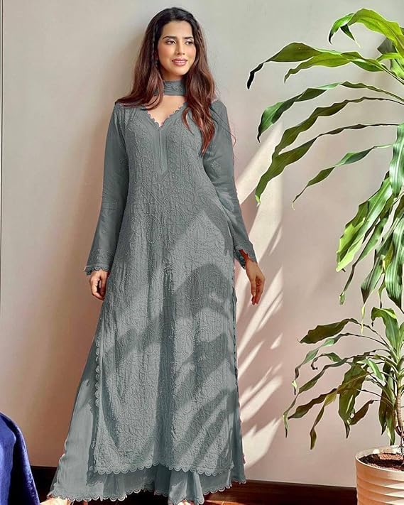Image of Women's Chikankari Embroidered 3 Piece Suit Set in Faux Georgette - Long Gown Style Kurta with Lining with Dupatta